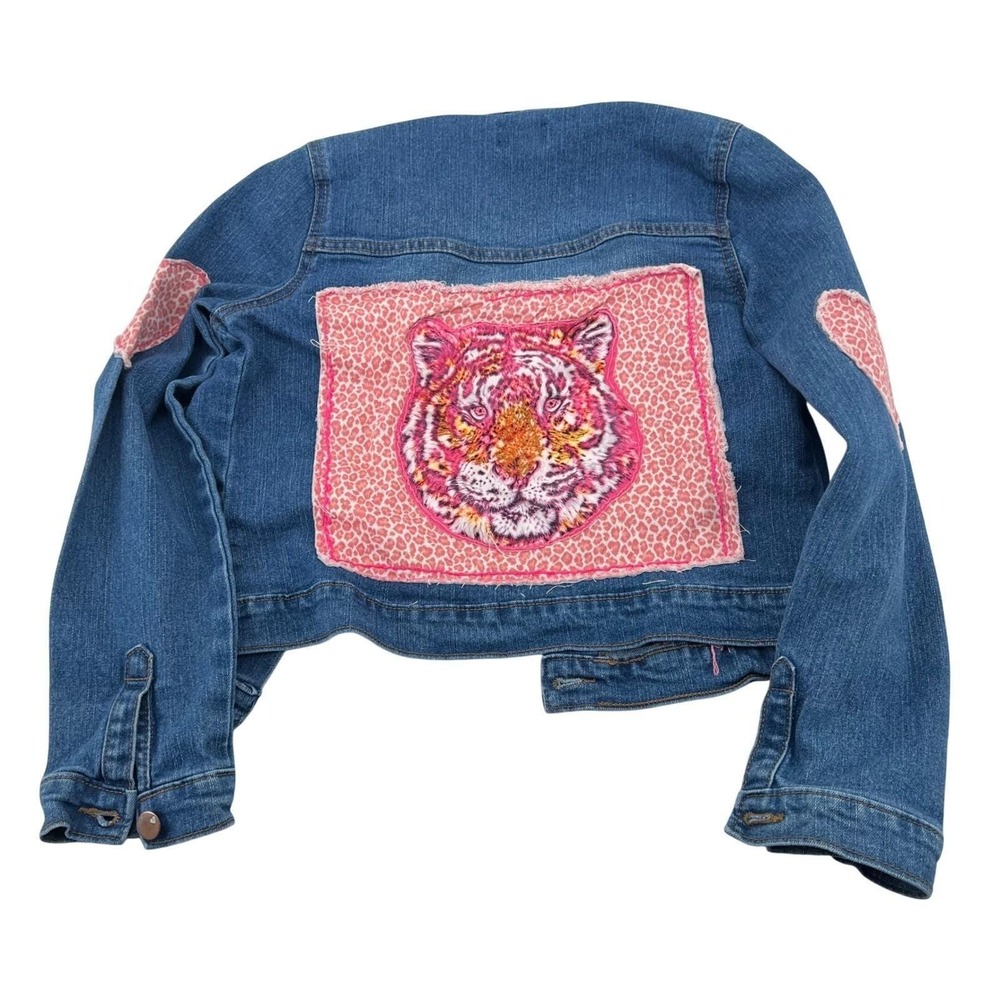 The‎ Childrens Place upcycled Kids Denim Jacket Cheetah Heart Tiger Patch XL 14